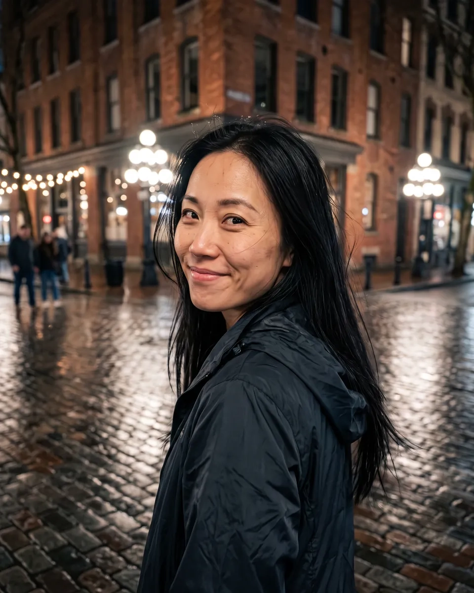 A woman in a rain jacket smiles over her shoulder on wet Gastown cobblestones at night, Vancouver (AI-generated image)