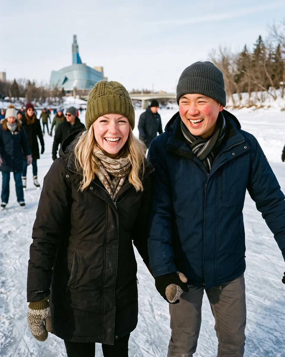 A laughing couple in hats and scarves on the frozen river skating trail at The Forks, Winnipeg (AI-generated image)
