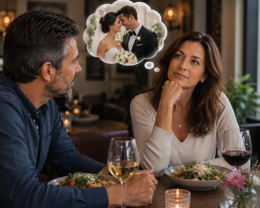 A man and woman sit at a restaurant table over wine and dinner; she looks up thoughtfully with her chin resting on her hand while a thought bubble above shows a wedding photo
