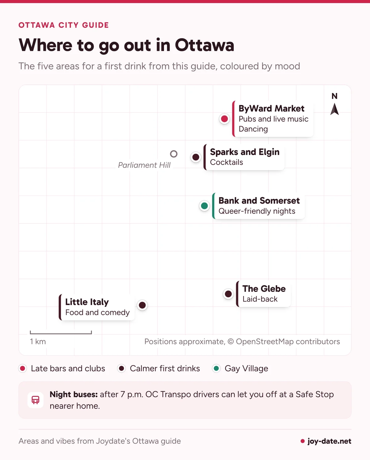 Map of Ottawa first-drink areas: the ByWard Market for late bars, Sparks and Elgin, the Glebe, Little Italy and Bank at Somerset