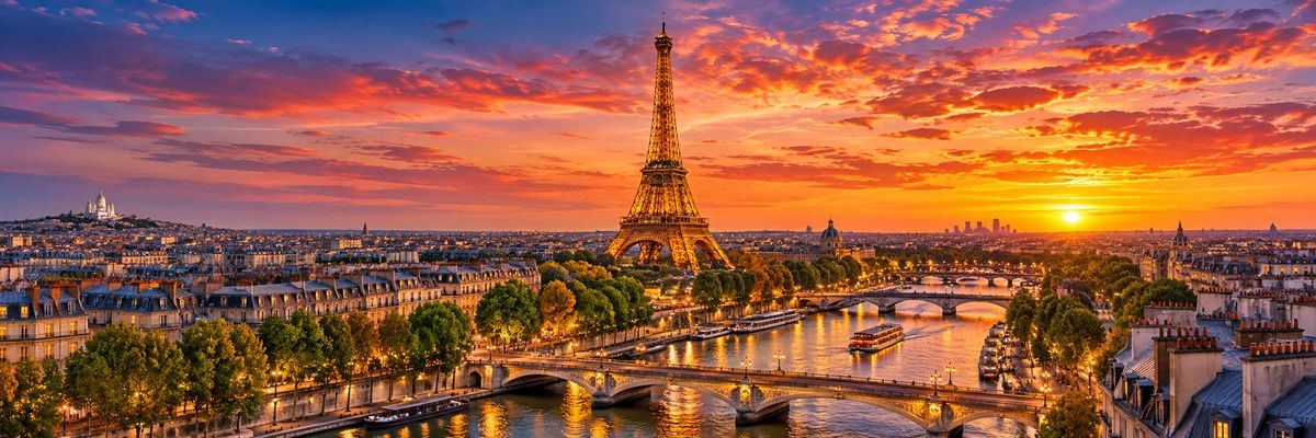 Panoramic view of Paris and the Seine at sunset