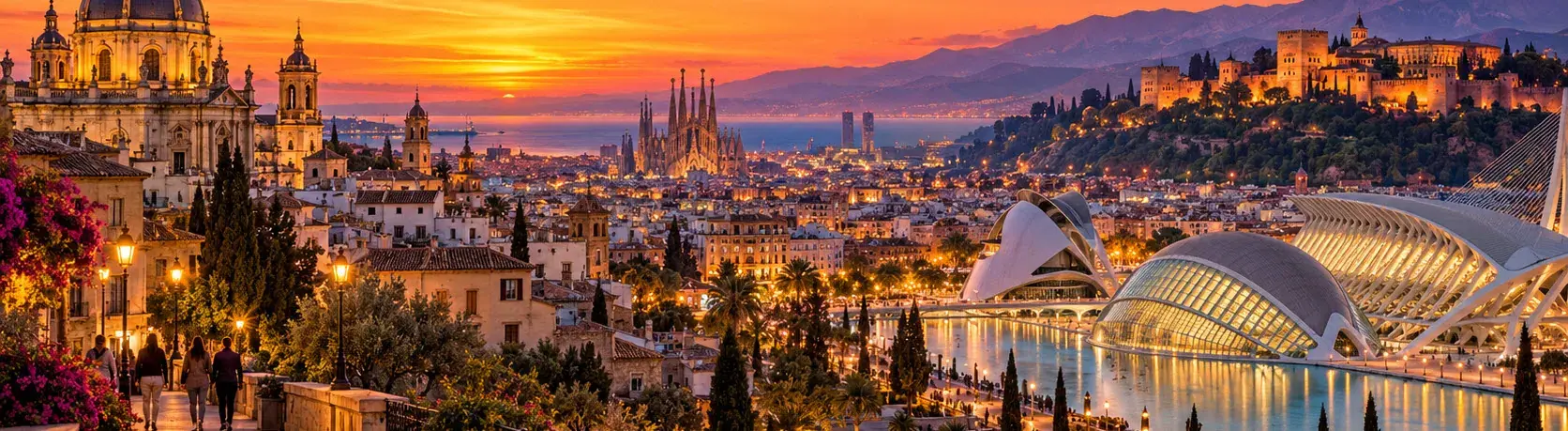 Panorámica al atardecer de ciudades españolas con catedrales, palacios y edificios modernos junto al agua