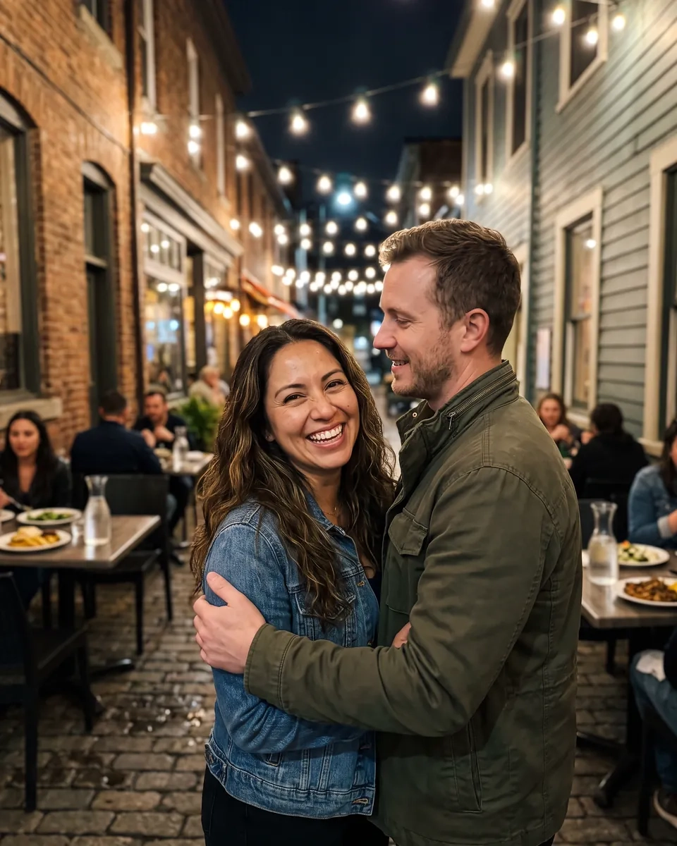 A laughing couple hugging on a cobblestone street of string-lit patios in Hamilton's Hess Village at night (AI-generated image)