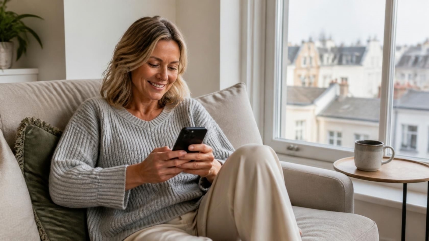 A woman smiling at her phone on a sofa by a bright window
