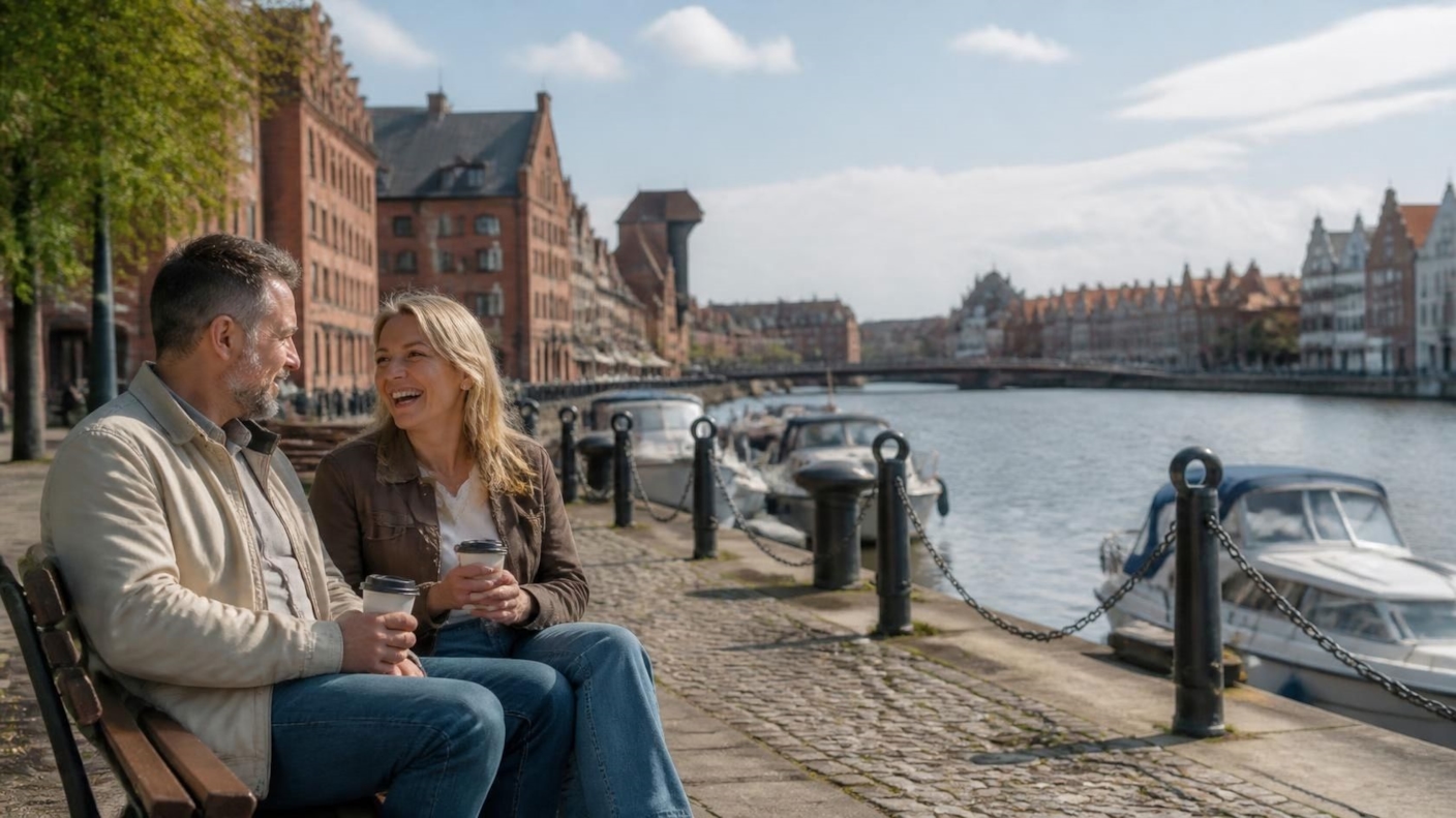 A couple laughing over coffee on a bench beside a river quay with moored boats