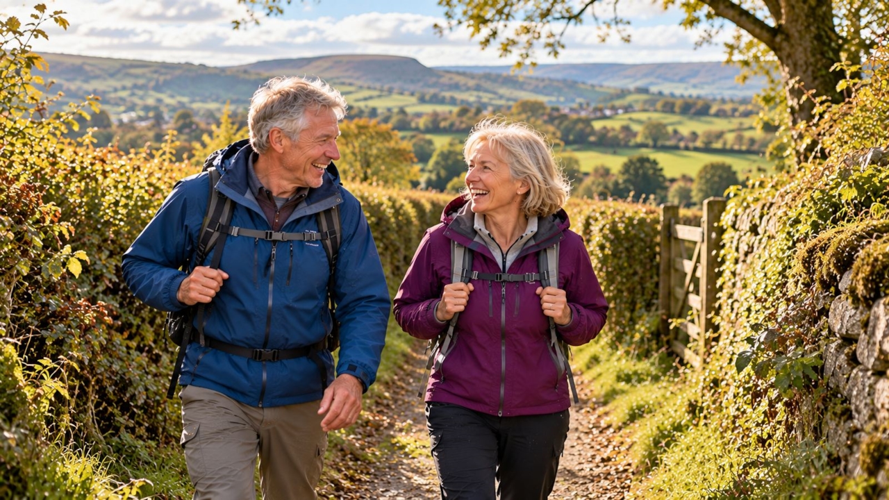 A mature couple in walking jackets laughing together on a countryside path