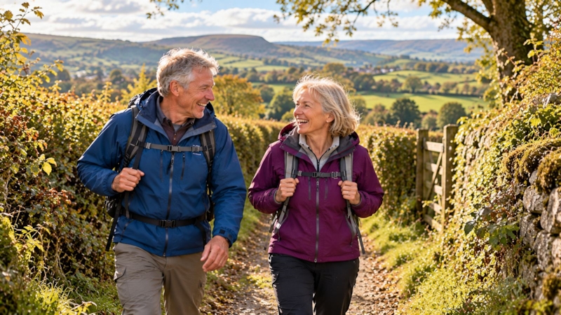 A mature couple in walking jackets laughing together on a countryside path