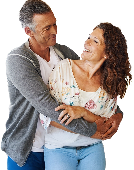 Over 50 singles embracing on a first date on Over 50 Love Hub app