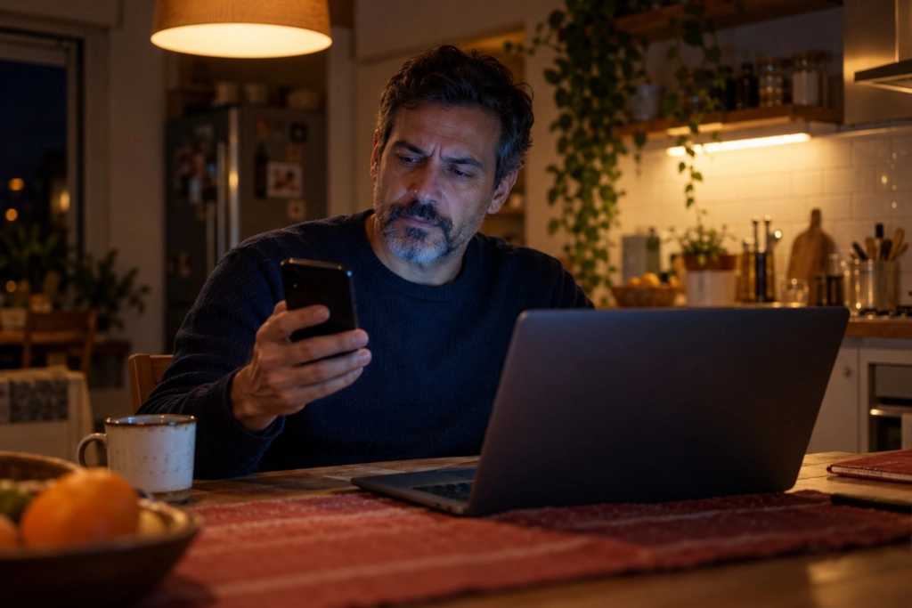 Hombre revisando su móvil con un portátil sobre la mesa de la cocina