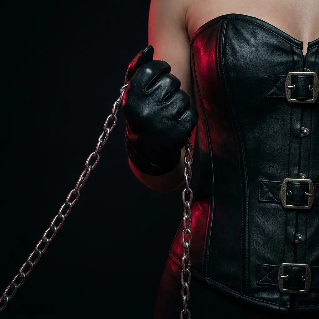A Mistress in a leather corset and gloves, holding a chain leash
