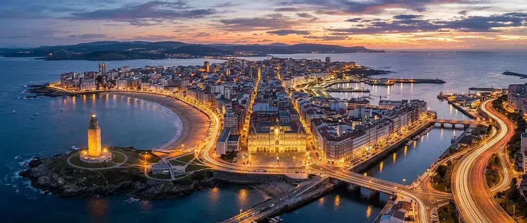 Vista aérea de A Coruña al anochecer, con la península del casco antiguo y el puerto iluminados