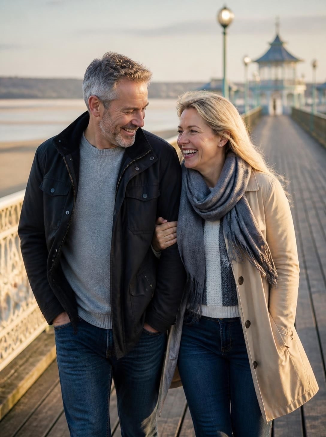 A happy couple walking arm in arm along a seaside pier over the estuary