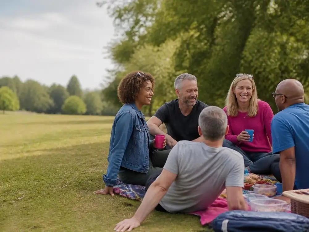 A group of single parents chatting and laughing over a picnic in a park