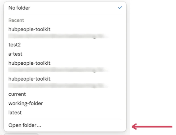 The folder menu open, listing recent folders with Open folder at the bottom.
