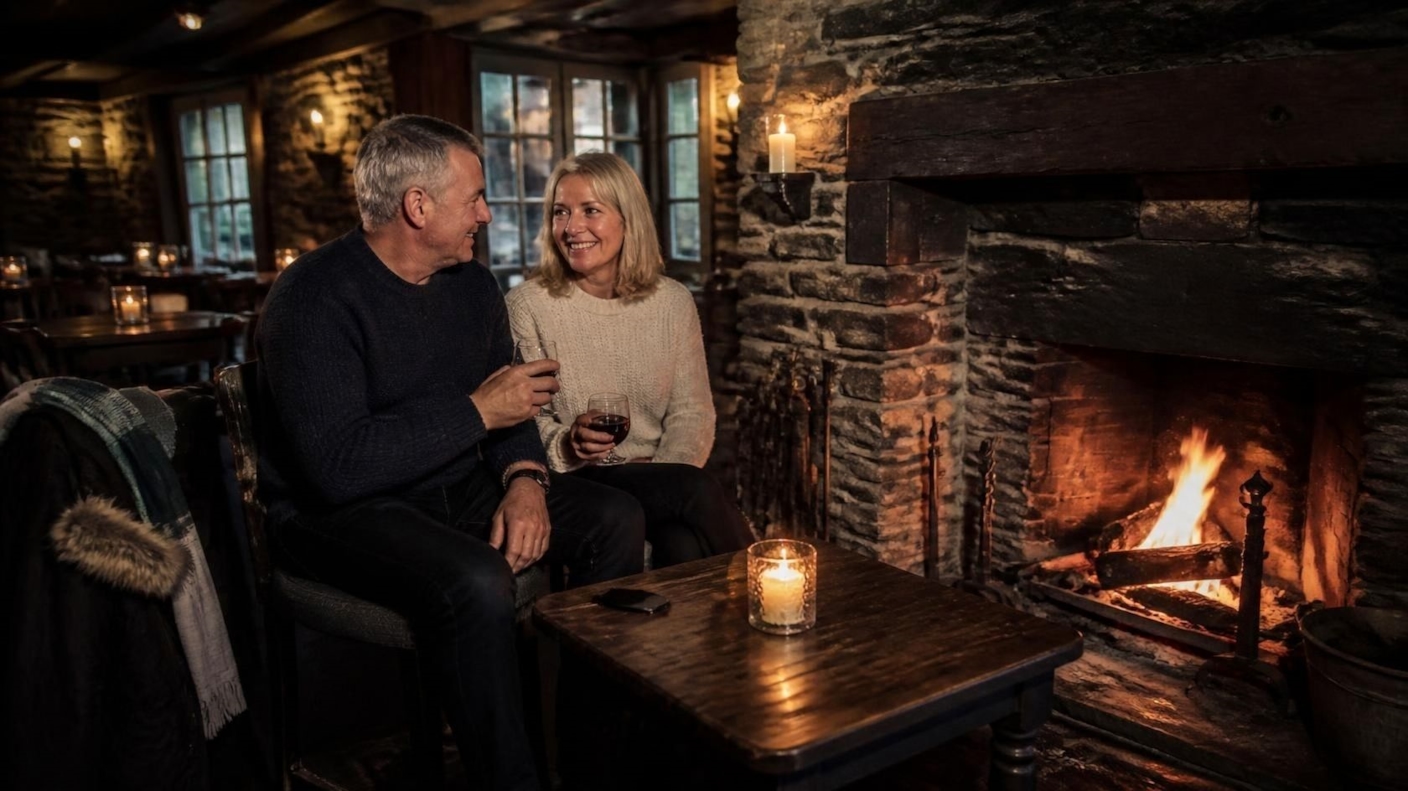 A couple sharing a glass of wine by the fire in a stone-walled Lakeland pub
