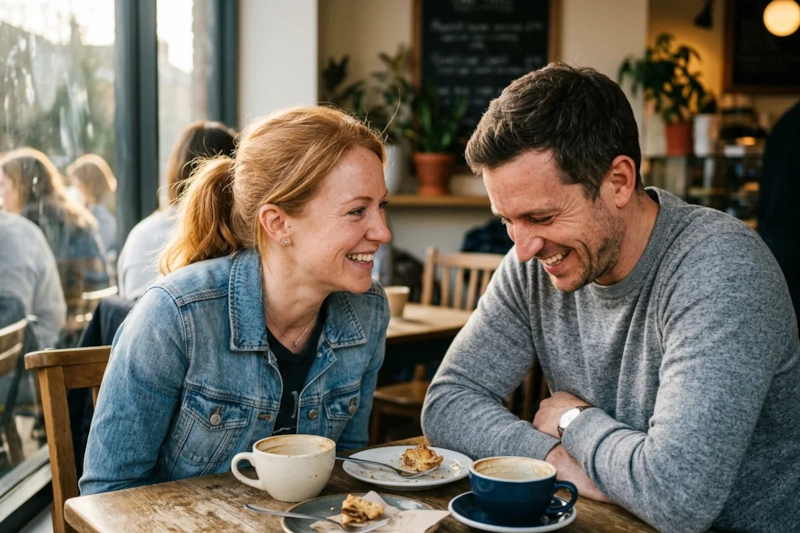 A woman with a strawberry-blonde ponytail in a denim jacket and a man in a grey sweater laugh together over coffee at a small cafe table by the window (AI-generated image)