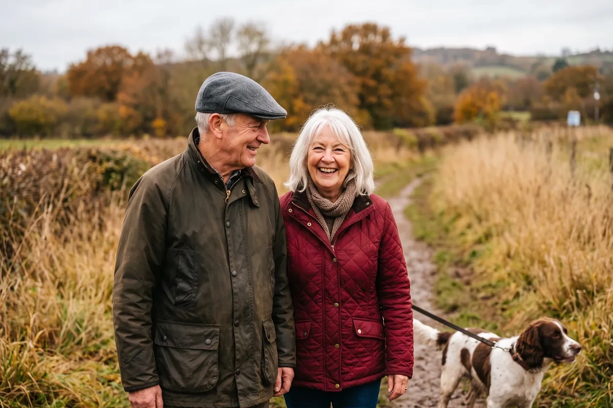 A man in his early seventies in a flat cap and a woman in her late sixties in a red jacket stand together on a country footpath through autumn fields with a spaniel on a lead, smiling at each other (AI-generated image)