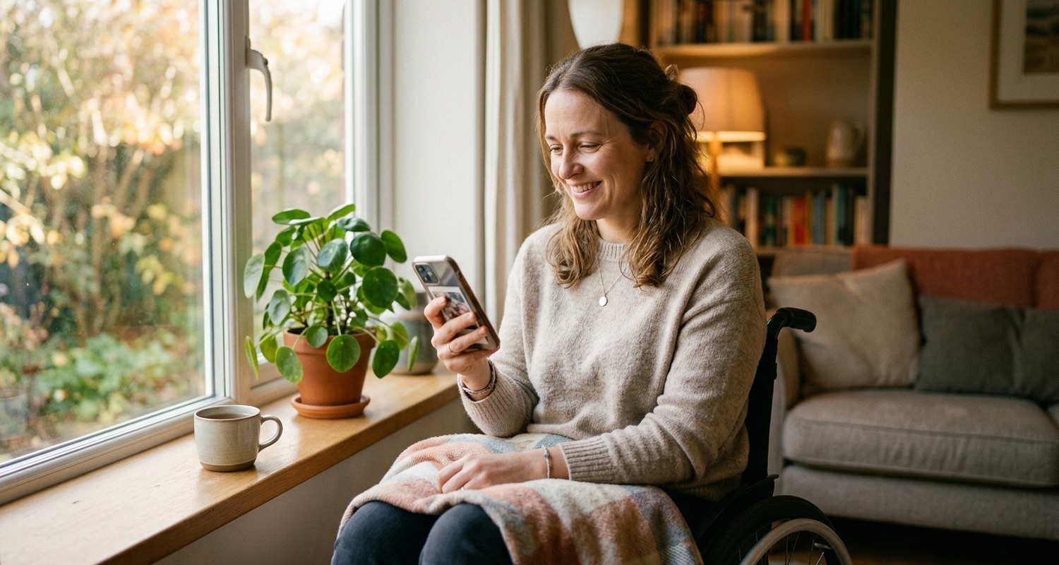 A woman who is a wheelchair user smiling as she looks at her phone by a sunlit living-room window, a mug of tea and a plant beside her