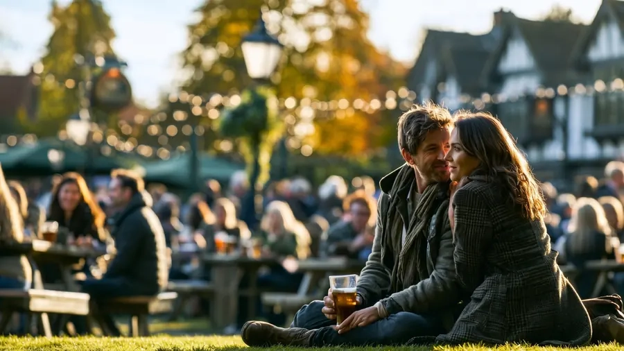 Friends talking around a long table in a pub garden at dusk