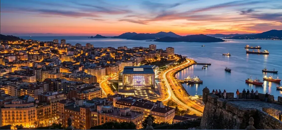 Vista aérea de Vigo al anochecer, con la ciudad iluminada sobre la ría y las islas Cíes al fondo