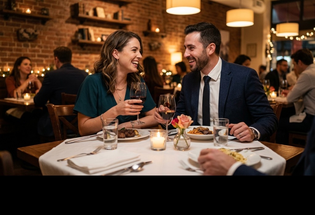 A well-dressed couple on a first date having conversation at a restaurant