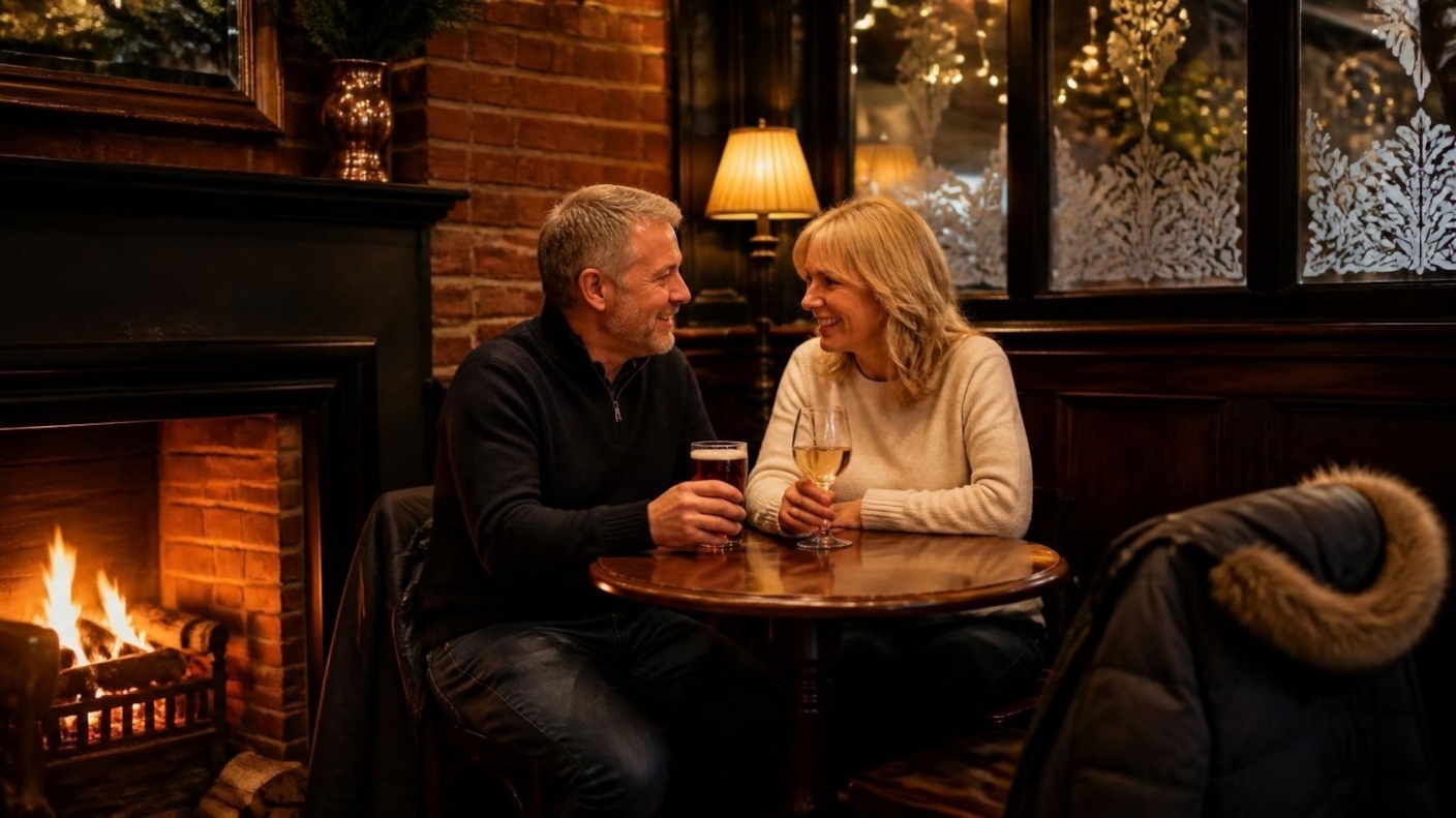 A couple sharing a drink by a log fire in a cosy red brick pub