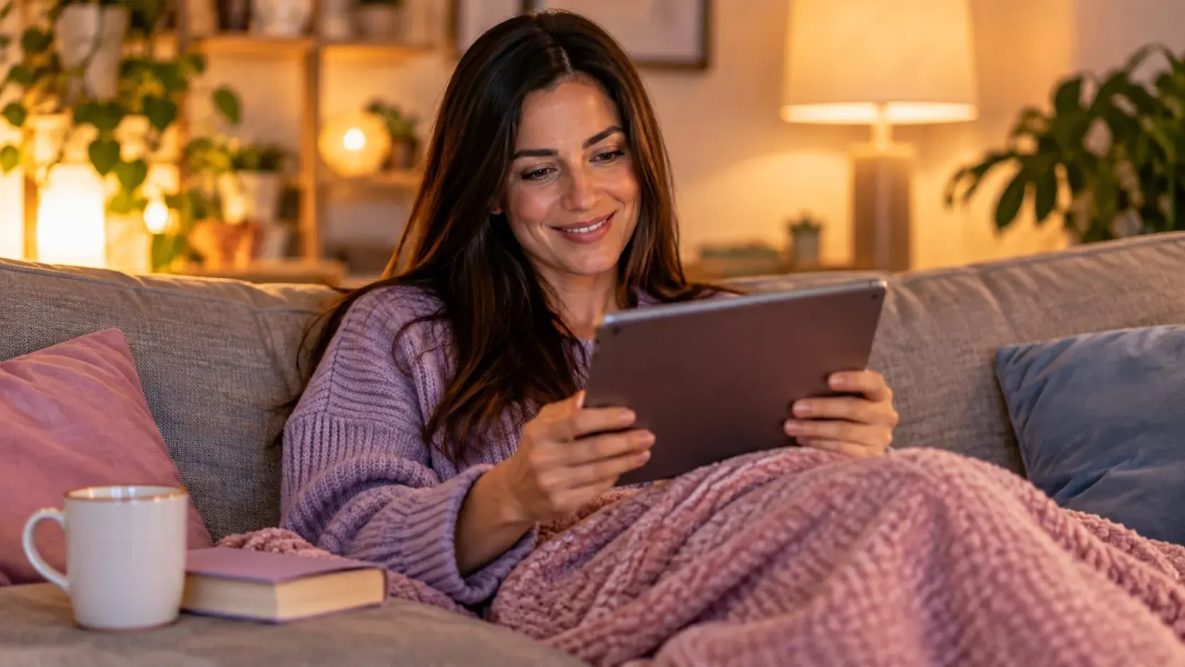 Persona sonriente en el sofá de su casa mirando una tablet junto a una taza y un libro