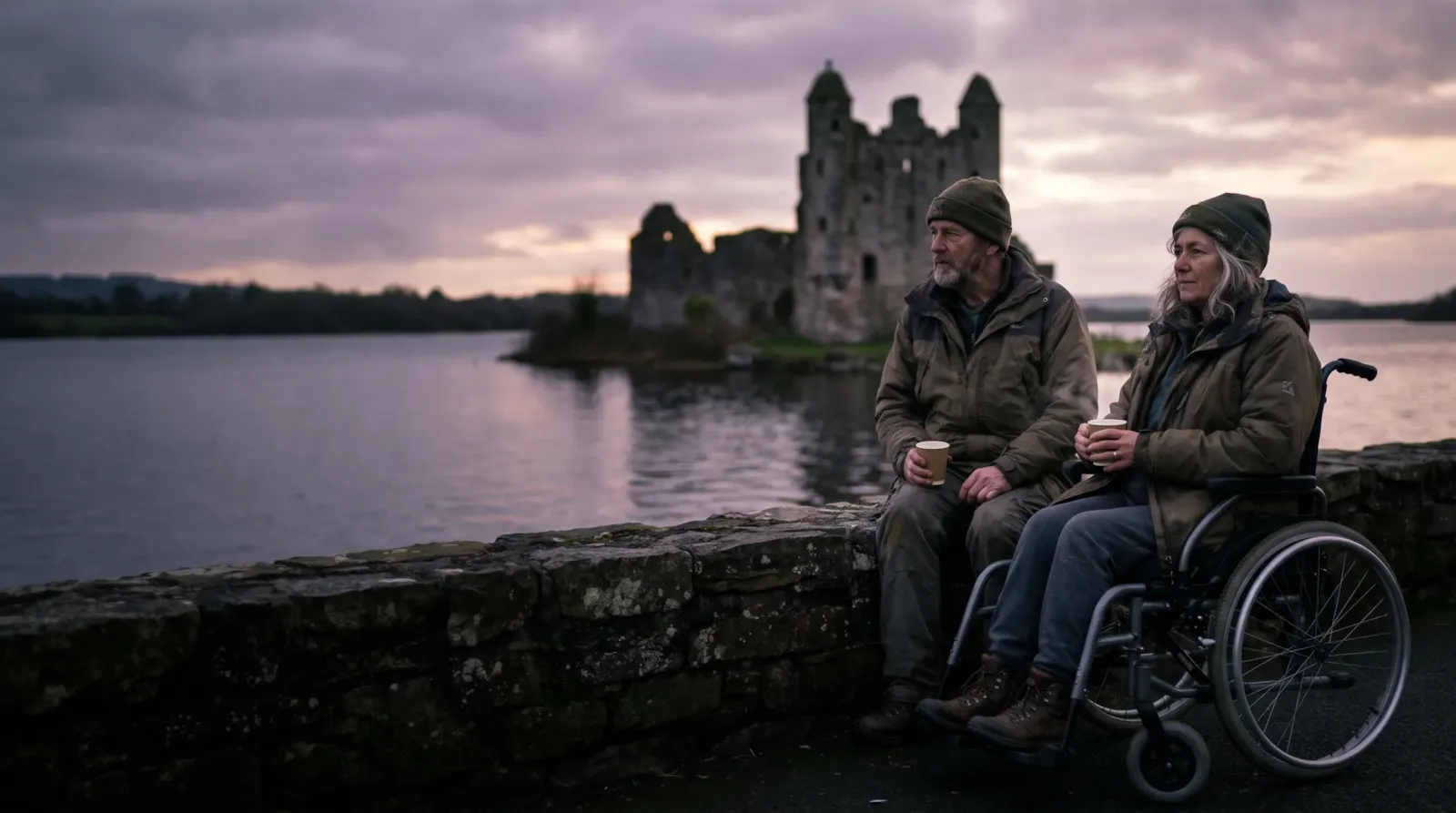 A couple with hot drinks beside Lough Erne and Enniskillen Castle at dusk; the woman is a wheelchair user