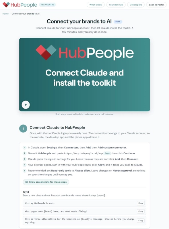The help centre page Connect your brands to AI, with the steps to connect Claude and install the toolkit.