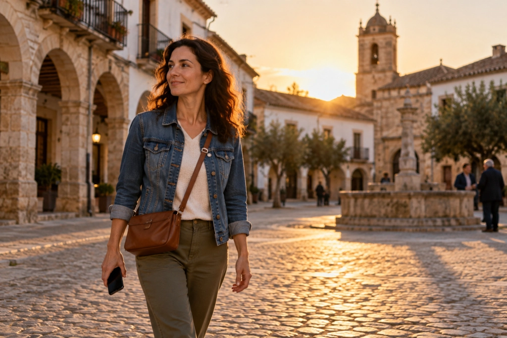 Mujer cruzando la plaza empedrada de un pueblo al atardecer, con el móvil en la mano