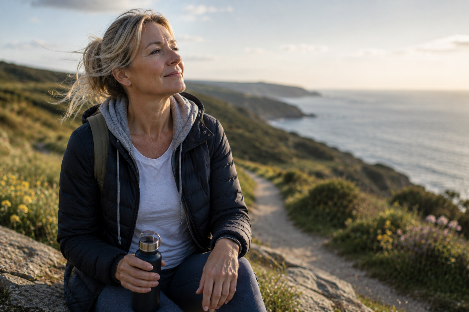 A woman sits on a rock along a coastal hiking path at sunset, holding a water bottle, looking out at the sea with a calm, contented expression
