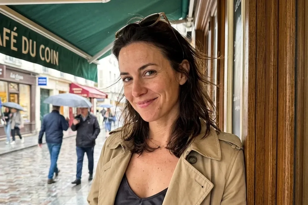 A woman with dark hair, an open trench coat and sunglasses on her head smiles at the camera under an awning on a rainy street (AI-generated image)