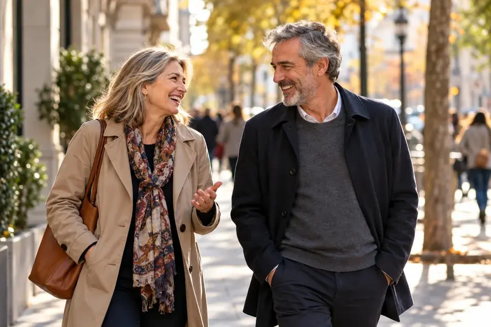 Citas a partir de los 50: mujer y hombre de unos cincuenta y cinco años caminando y conversando por una calle céntrica en otoño