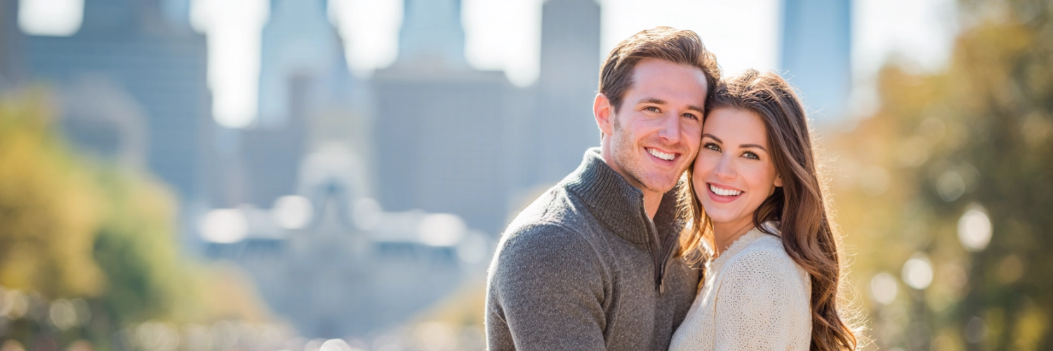 A scenic view of Philadelphia with a silhouette of a couple holding hands, representing local parent dating in the city.