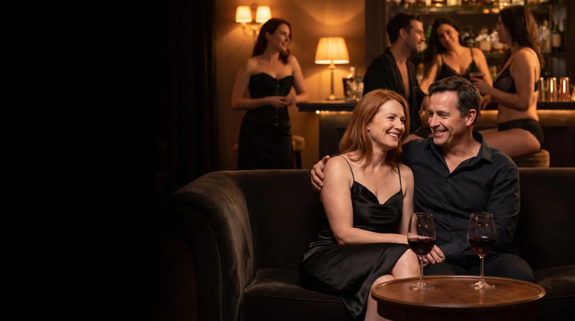 A relaxed couple sitting close together on a club sofa with glasses of wine