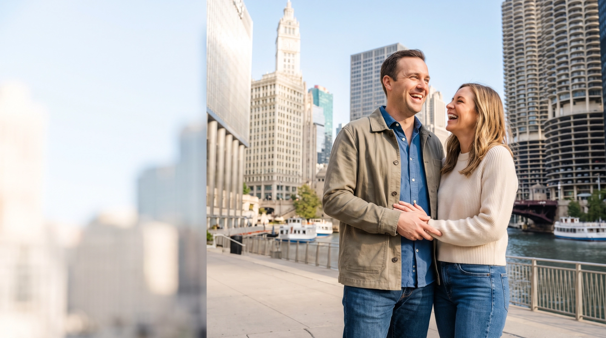 A happy couple laughing together on the Chicago Riverwalk with the downtown skyline behind them