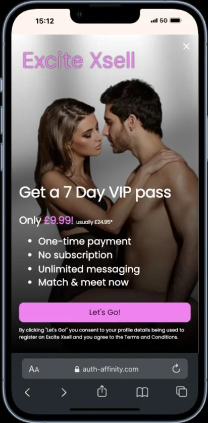 A phone showing the Xsell offer page opened full screen, with the headline, price, feature bullets and call to action button.