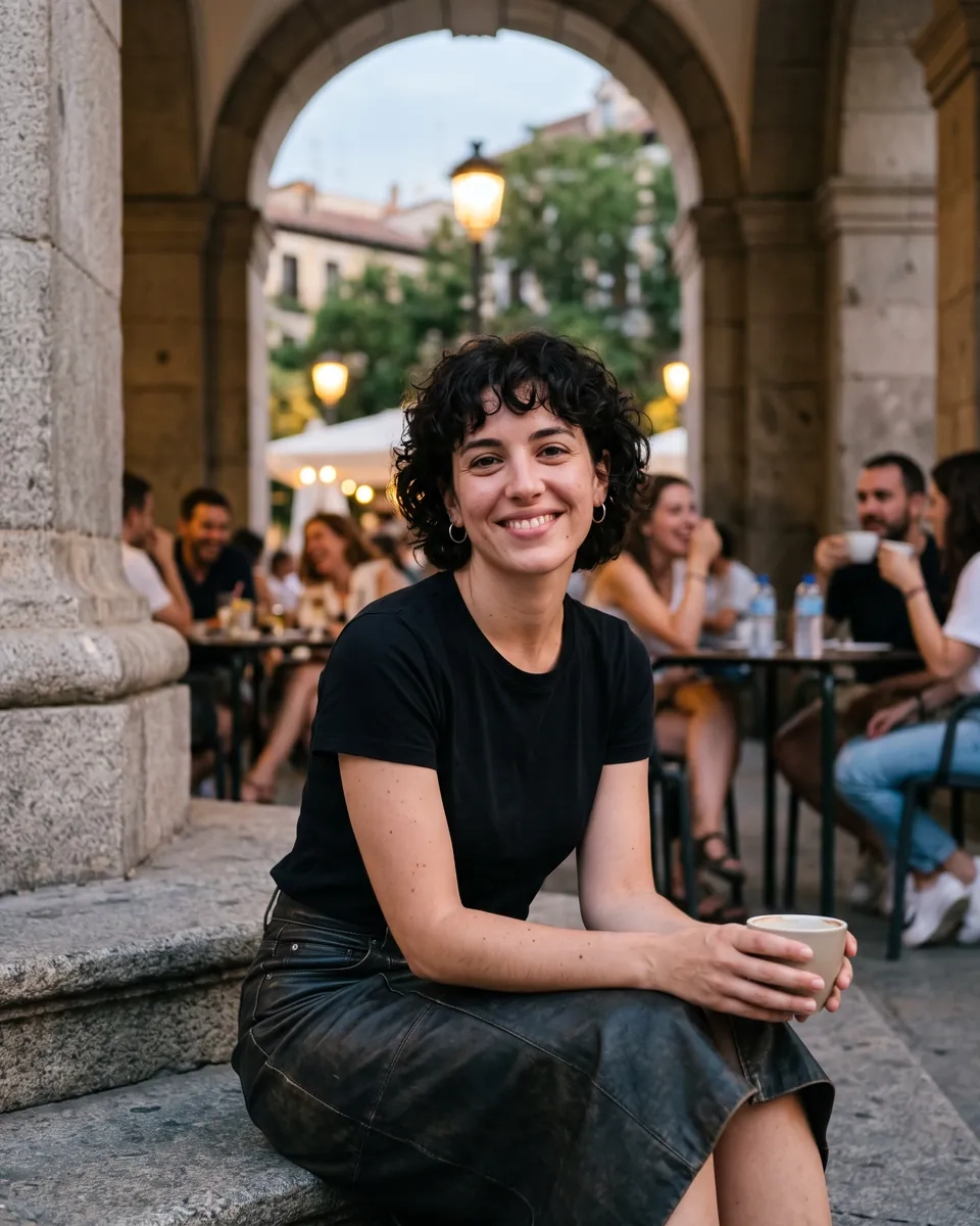 Una mujer con melena corta rizada y falda de cuero sonríe sentada en los escalones del arco de la plaza del Dos de Mayo, en Malasaña (imagen generada por IA)