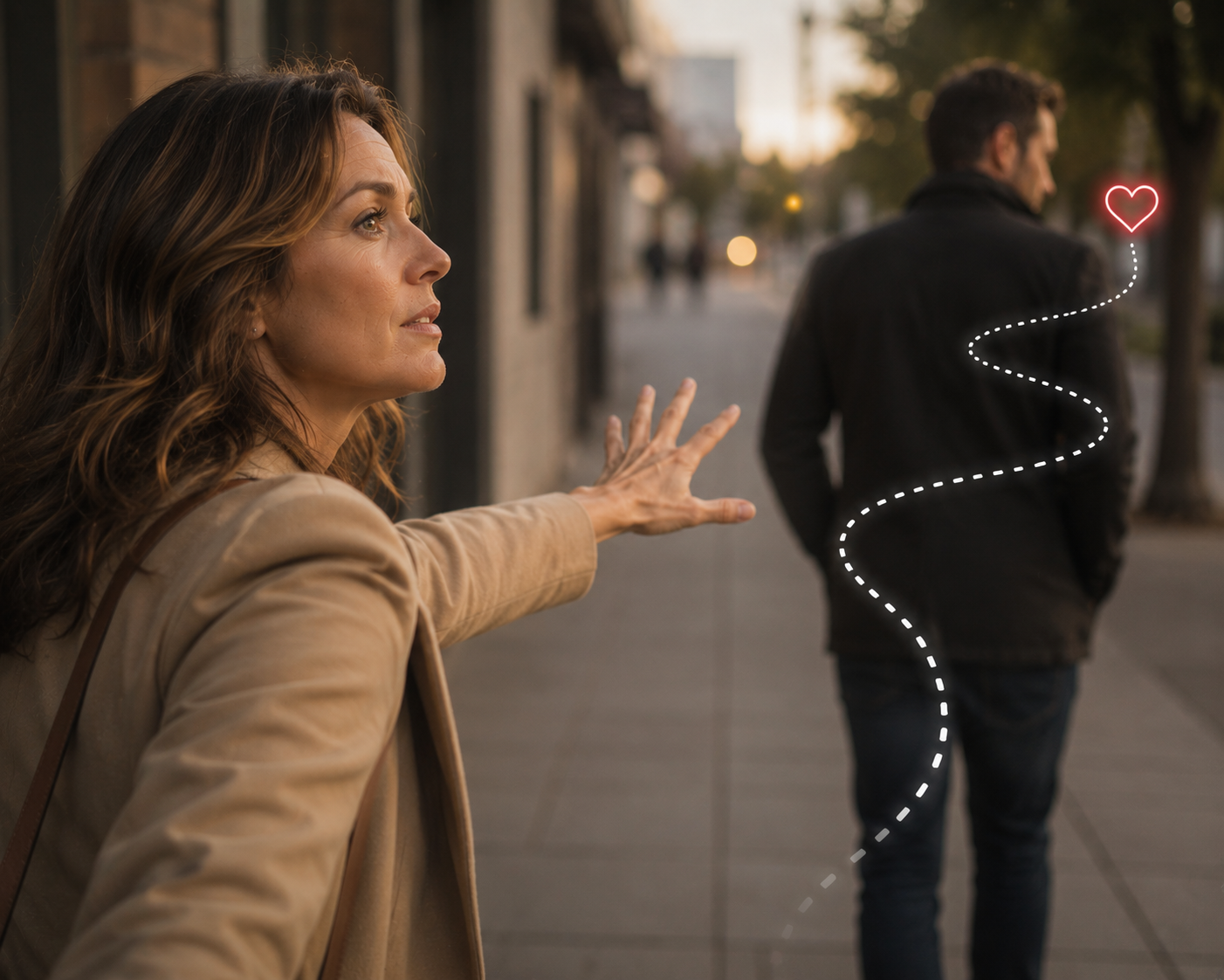 A woman reaches out toward a man walking away from her on a city street, a dotted line leading from her to a glowing heart near him
