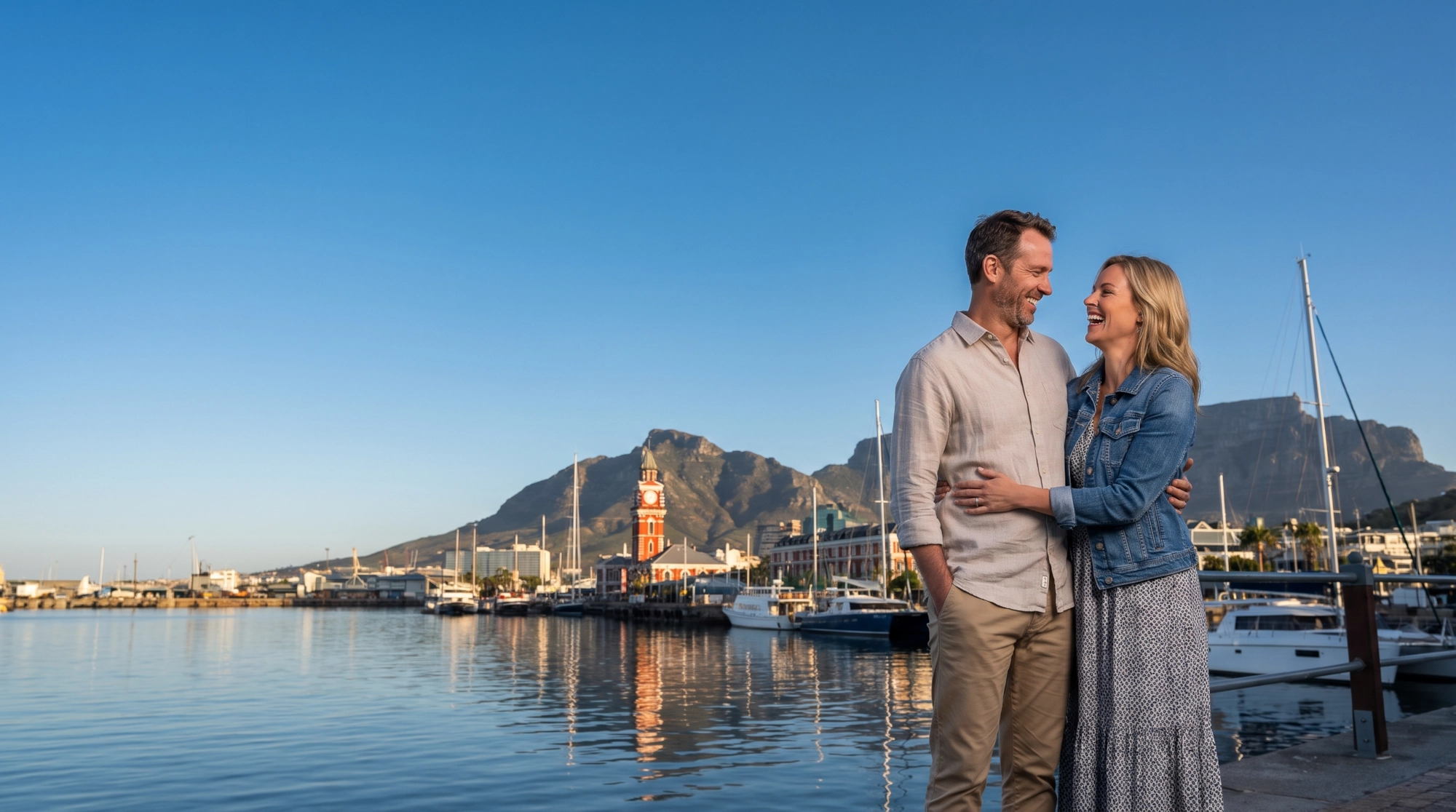 A happy couple laughing on the V&A Waterfront in Cape Town with the harbour clock tower and Table Mountain behind them