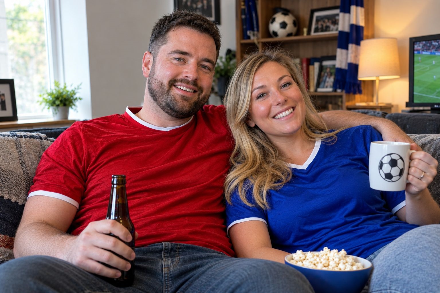 A couple in football shirts celebrating a goal on the sofa at home