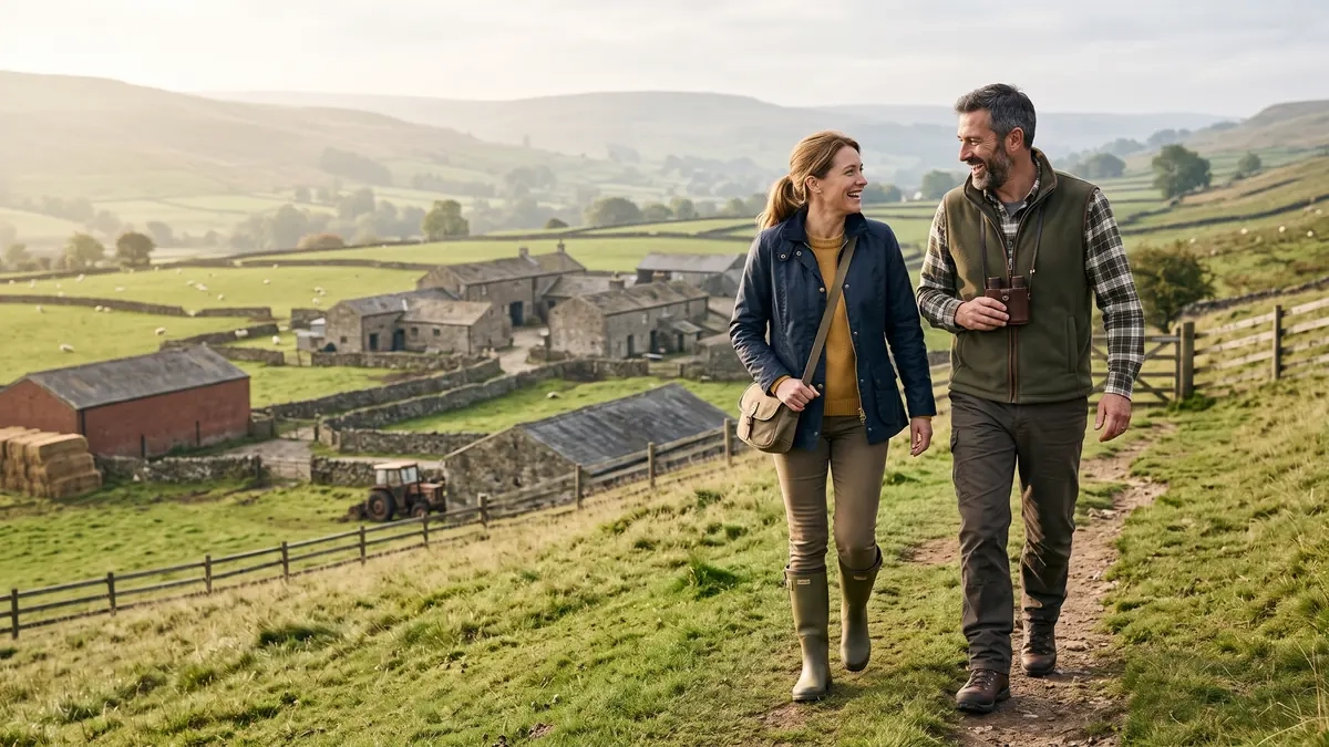 A couple walking a hill path above a stone farmstead, sheep grazing in the fields below