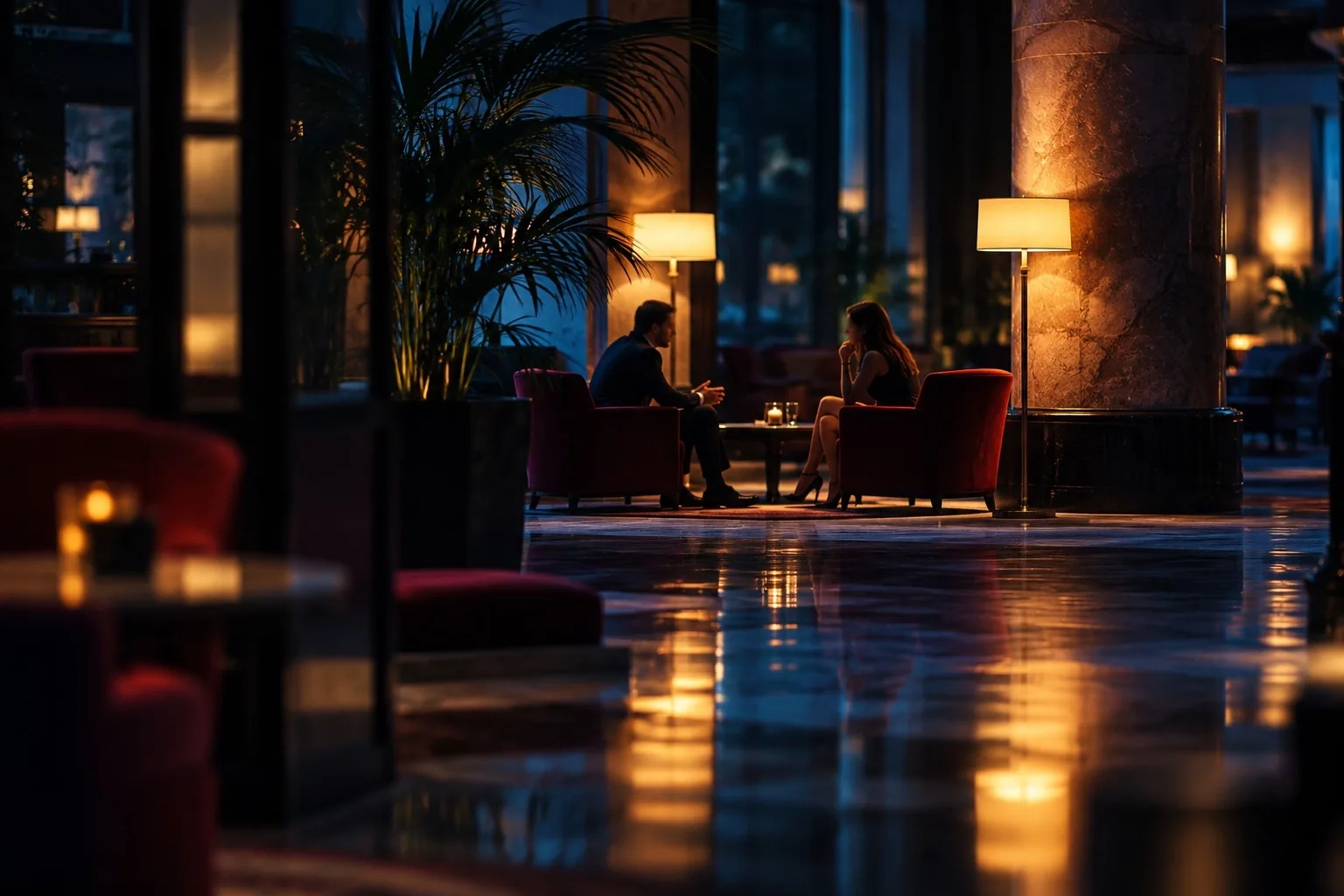 Dos adultos conversando en butacas enfrentadas en el hall de un hotel por la noche, vistos de lejos