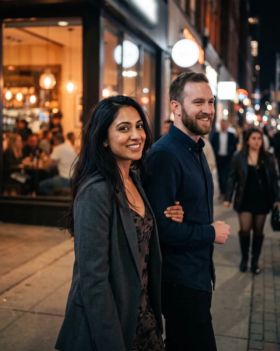 A dressed-up couple walking arm in arm past glowing restaurants on a King West evening in Toronto (AI-generated image)