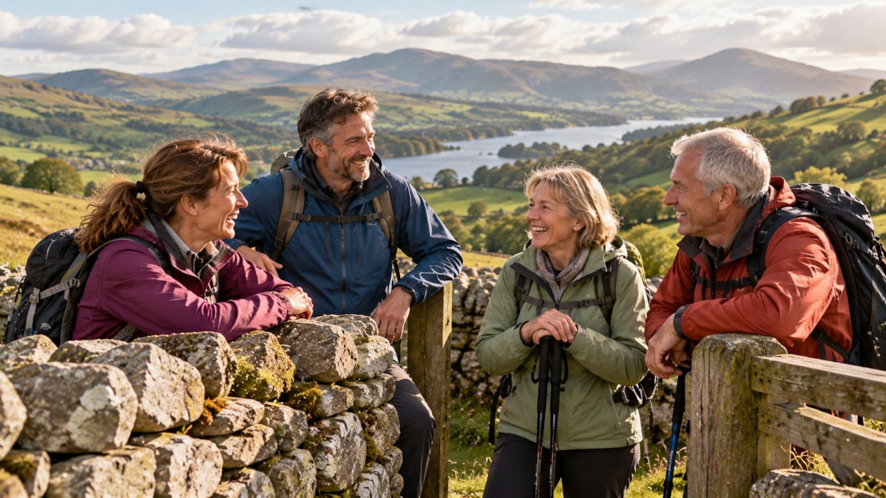 A friendly group of walkers pausing at a stone wall on a green hillside