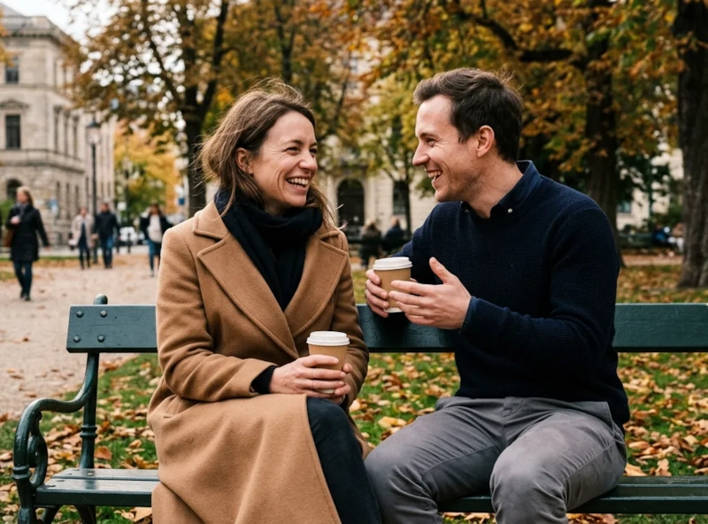 A woman in a camel coat and a man in a navy jumper sit close on a park bench in autumn with coffee cups, laughing as they talk (AI-generated image)