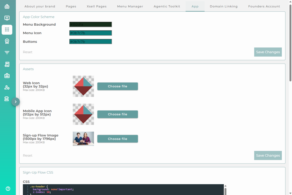The App tab showing the app colour scheme, asset icons, and sign-up flow image settings.