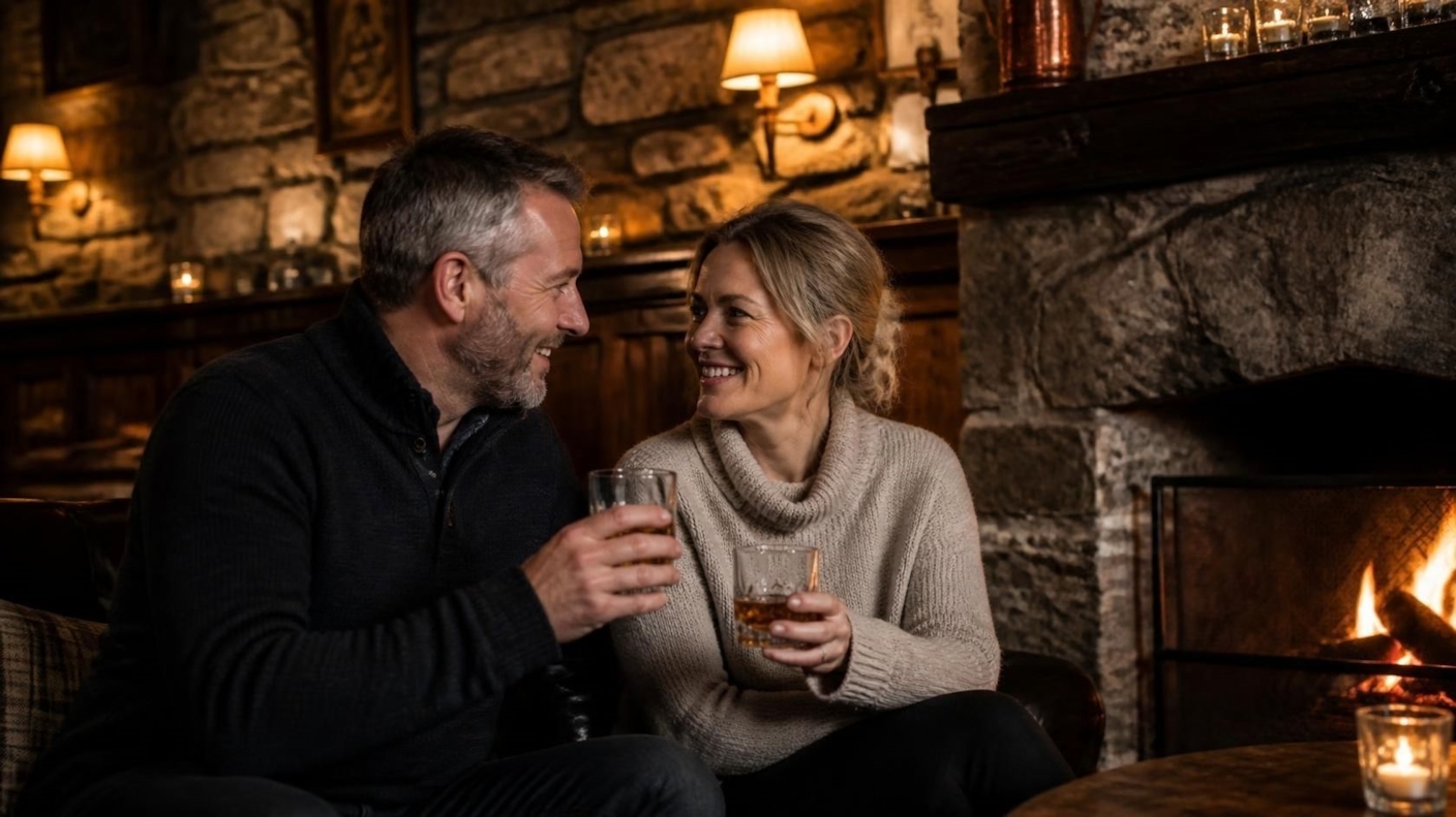 A couple sharing a dram by the fire in a granite-walled pub