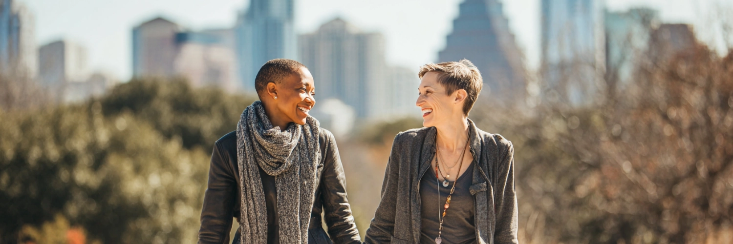 A vibrant representation of dating in Austin, showcasing inclusive spaces and diverse couples enjoying their time together.