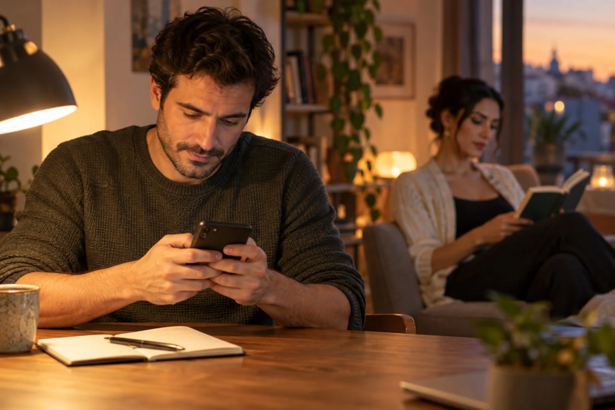 Hombre escribiendo la descripción de su perfil de citas en el móvil junto a una libreta